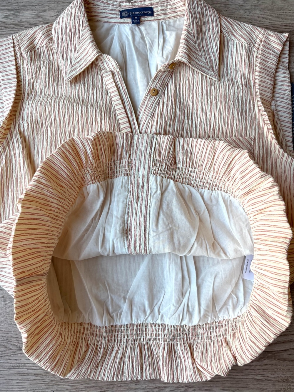NWT Democracy Ecru Fired Brick Stripe Cap Sleeve Bubble Hem Blouse M - Picture 10 of 15